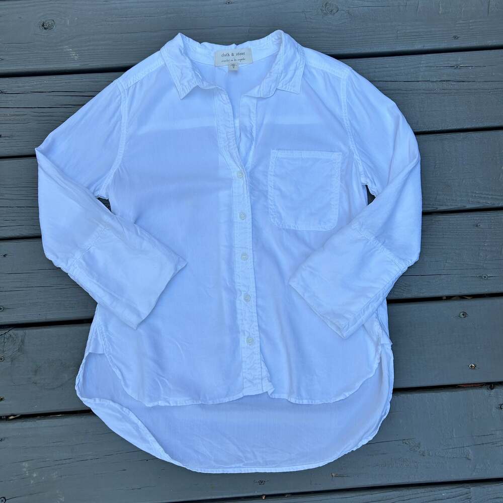 Cloth & Stone White Button Front Shirt Small Long Sleeve High Low Pocket Blouse
